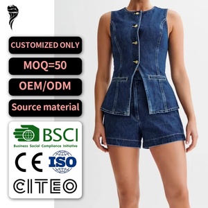 Elegant Denim Button Down Sleeveless <b>Jacket</b> Jean Two Piece Set Outfits Short Sets for Women - Product Image 1