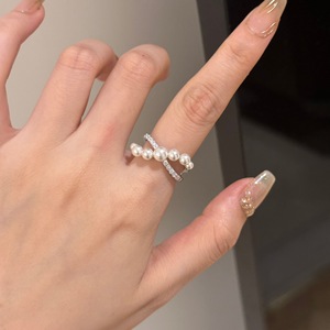 S925 Pure Silver Full Diamond <b>Ring</b> with Streamlined Interlaced <b>Pearl</b> Niche Retro High-End Design Personalized Women's Jewelry - Product Image 2