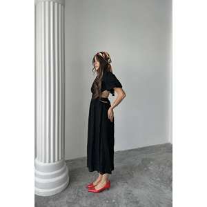 Wholesale <b>Black</b> Balloon Sleeve Belted Dress O-Neck A-Line Cut-<b>Outs</b> Woven <b>Fabric</b> Daily Casual Wear - Product Image 1