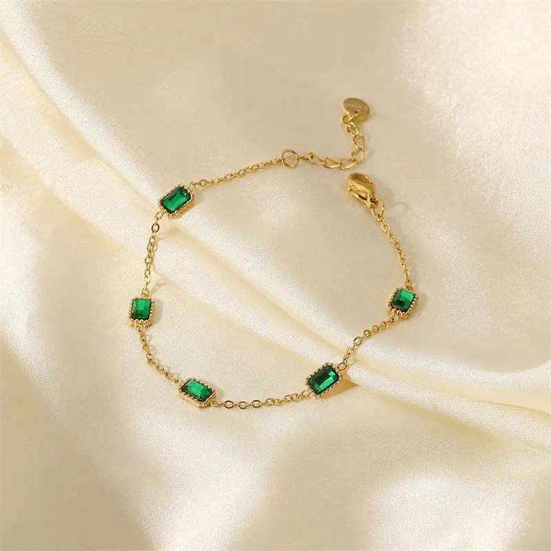 Bracelets en acier inoxydable plaqué or 14k, carrés, émeraude verte, pierres précieuses, Bracelet de luxe carré en Zircon pour femmes