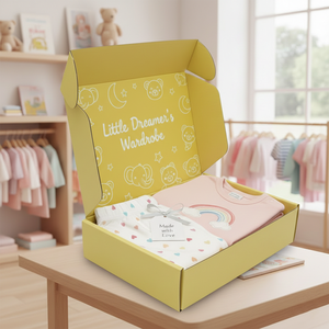 Boîte cadeau pour vêtements d'enfants jaunes de <span class=keywords><strong>marque</strong></span>, boîte d'expédition en carton ondulé E-Flute écologique avec laminage mat personnalisé - Product Image 1