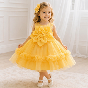 Robe trapèze pour filles, style européen, formelle, à motif floral uni, col rond, pour enfants - Product Image 2
