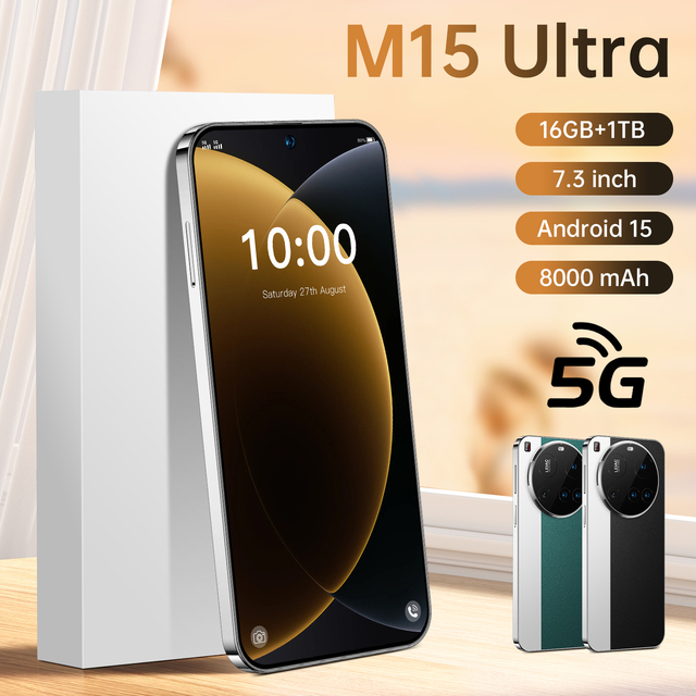 Factory Price M15 Ultra 16GB RAM 1TB Storage Dual SIM Card Smartphone 108MP Rear Camera 5G LTE HD Display French English