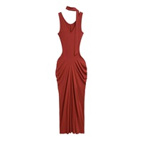 Robe longue moulante élégante pour femme, sans manches, col en V, avec détails halter, liens latéraux, plissée et froncée, style OEM
