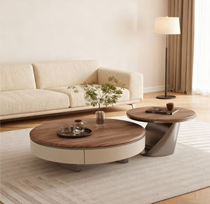 طاولة قهوة خشبية عتيقة من خشب البلوط/البتولا بلون الجوز مع درج وقاعدة من الفولاذ المقاوم للصدأ الذهبي - Product Image 2