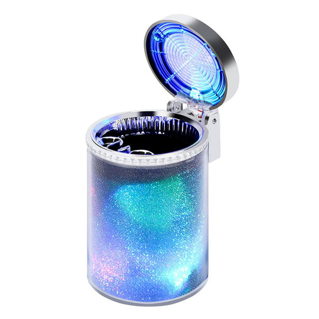 YFL Universal Classic Portable Silver Car Ashtray with Colorful LED Light Smokeless Round Plastic Smart Design