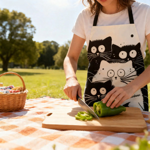 Cat Apron Black White Cartoon Polyester Stain Resistant Cooking Apron Daily Use Neck Hanging Sleeveless - Product Image 1