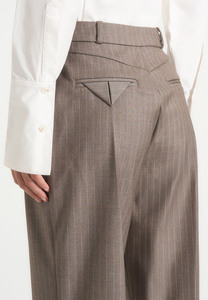 Pantalon droit plissé taille haute pour femme, en mélange de laine et polyester rayé, longueur complète, formel, pour l'automne, infroissable - Product Image 6