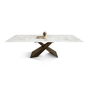 Mesa Rectangular Extensible Cesare, Color Blanco Estatuario, Base de Cerámica y Bronce X, para Comedor Interior - Product Image 1
