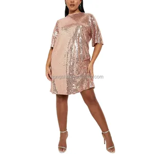 Summer Oversized Sequin Tshirt Dress Short Sleeve Mini Shift Gold Sequin Dresses Plus Size Sequin Dresses Women