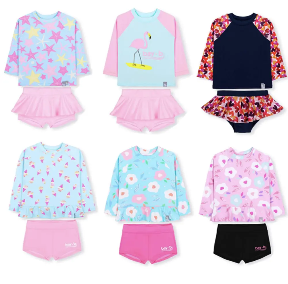 Stylish Kids Girls 2 Piece Swim Set Child Beach Swimsuit Long Sleeve UV-protection Bathingsuits