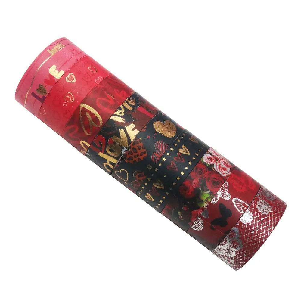 9 Rolls Romantic Valentine'S Day Red Hearts Butterfly Rose Series Design Gold Foil Process Washi Tape