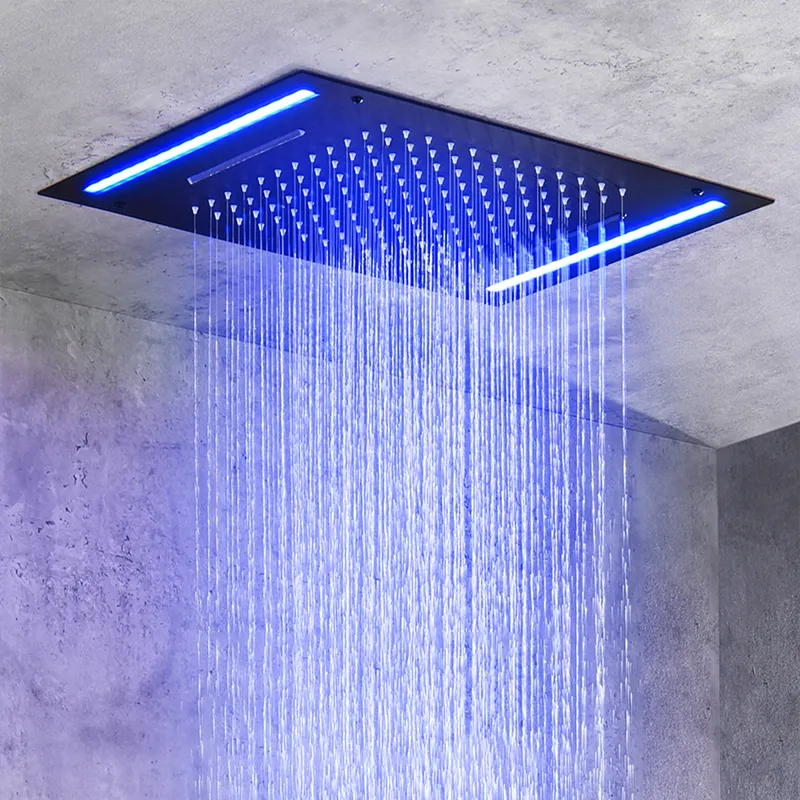 Cabezal de ducha LED montado en el techo moderno, cabezal de ducha de cascada con control remoto de latón, cabezal de ducha de lluvia para baño negro