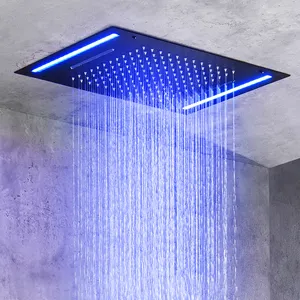 Modern ceiling mounted led shower head brass remote control waterfall shower black bathroom rain shower head