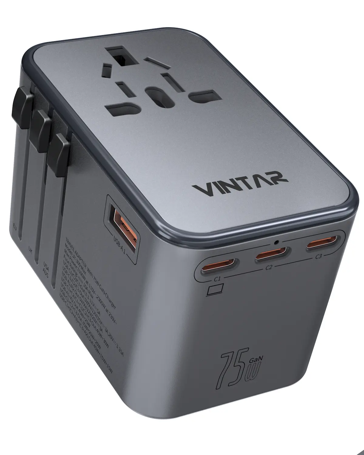VINTAR GAN 75W USB الكل في واحد محول شاحن للسفر العالمي مآخذ شاحن الطاقة مع الاتحاد الأوروبي الولايات المتحدة المملكة المتحدة الاتحاد الافريقي المكونات