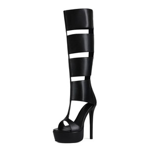 Bottes noires à talons aiguilles pour femmes, style sandales à plateforme, ajourées, avec fermeture éclair arrière et rayures, pour l'été - Product Image 3