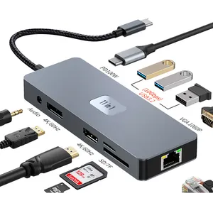 Dok stasiun USB Multiport 11 dalam 1, PD100W + USB 3,2*3 + RJ45 1000mpbs + SD + TF + HDTV 4K 60HZ + DP + audio 3.5mm adaptor Hub USB-C Laptop