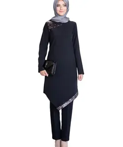 새로운 투피스 캐주얼 세트 통기성 스팽글 장식 폴리에스터 아랍 중동 이슬람 여성 abaya 가운 cabaya