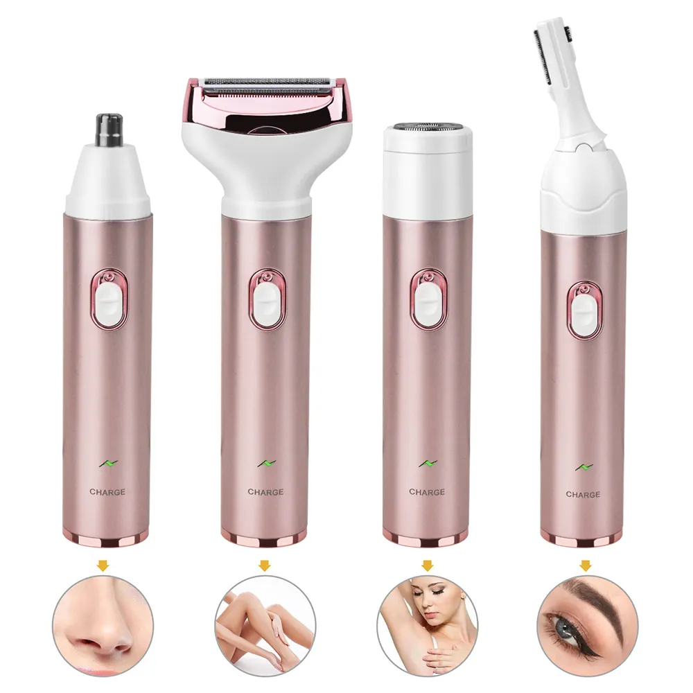 Women Electric Shaver Cordless Portable 4 in 1 Lady Painless Nose Eyebrow Facial Hair Remover Grooming Kit