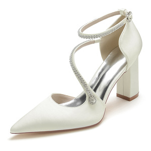 Zapatos de Tacón Grueso de Lujo, Stilettos Sexys para Mujer, Tacones Blancos de Novia para Boda - Product Image 1