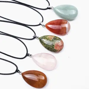 Natuurlijke Platte Waterdrop Hangers Rozenkwarts Tijgeroog Steen Groene Aventurine Bedels Voor Ketting