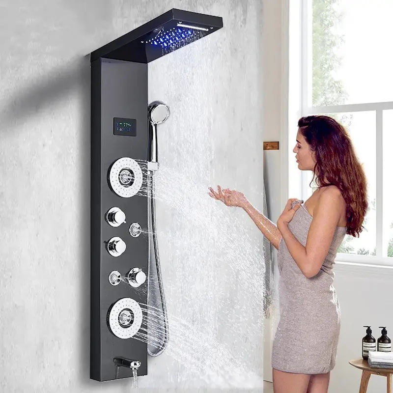 Painel de chuveiro luxuoso com led preto, torneira de chuveiro para banheiro, sistema de coluna de chuveiro cascata, massagem a jato, spa