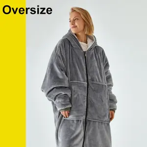 Natuur Sherpa Winter Tv Capuchon Lange Mouw Draagbare Oversized Grote Zak Flanellen Hoodie Deken