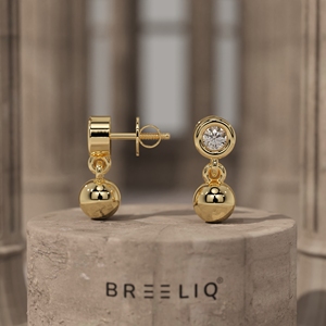 Boucles d'oreilles clous en or blanc 14 carats serties de diamants, avec pendentif boule polie, élégantes et minimalistes, diamant taille ronde - Product Image 2