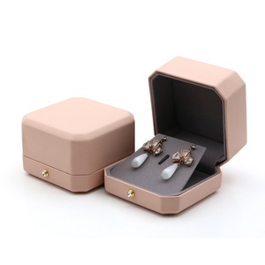 Wholesale Custom Nude Pink Octagon Jewelry <b>Box</b> Pu Leather Jewelry with Snap Button for Ring Double Ring Necklace - Product Image 3