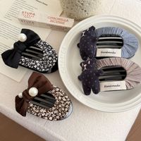 Barrette à cheveux en tissu doux avec nœud perlé, style vintage, motif ours mignon, pince bec de canard pour femme