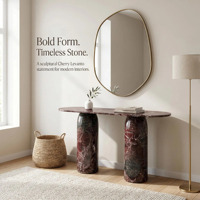 KUMUSI FURNITURE Table console en marbre rouge naturel Rosso Levanto - Design moderne multifonctionnel pour salon, chambre à coucher, bureau