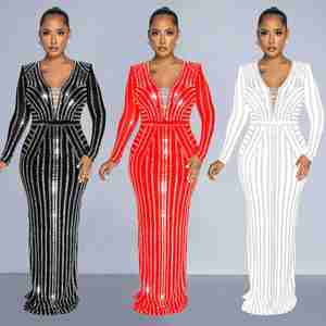 Vestido de Mujer de Lujo de Marca Famosa con Bordado de Diseñador para Cena, Fiesta, Club, Moda, Manga Larga, Abertura Lateral, Falda Larga - Product Image 2