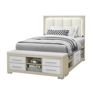 Modern Adjustable Convertible Soft <b>Bed</b> with Natural and White Storage and LED Queen <b>Bed</b> - Product Image 1