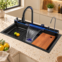 Évier de cuisine multifonction en acier inoxydable SUS304 avec robinet extractible cascade, lave-tasses, distributeur de savon et panier inclus