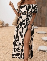 Robe longue d'été florale à volants pour femme, épaules dénudées, manches courtes, dos nu, corsage à volants, ourlet fendu, robes de plage