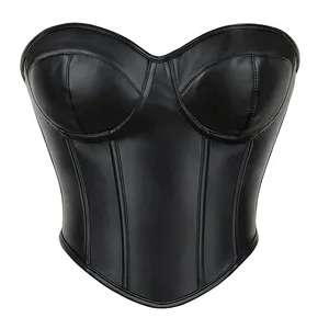 Faux Leather Overbust Corset Tank Crop Top Strapless Off Shoulder Bra Bustier Tops