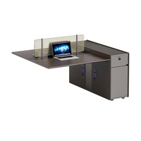 Poste de travail moderne en bois pour 2 personnes avec écran de confidentialité, meuble de rangement, gestion des câbles et table de bureau en cluster pour espace ouvert