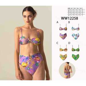 Women Floral <b>Bikini</b> <b>Set</b> Two Piece Summer Beach Swimwear Halter Bra Top Tie Side High Waist Bottom S-XL Wholesale WW12258 - Product Image 1