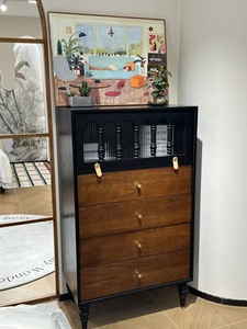 Midcentury Modern Solid Wood Living Room Cabinet with <b>4</b> <b>Drawers</b> Black Frame <b>Storage</b> Furniture - Product Image 5