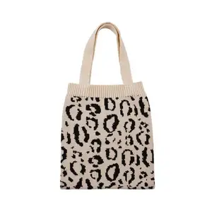 Promotion Knitted Woolen Cloth Tote Bag Ins Style Shoulder Bag With Leopard Animal Pattern