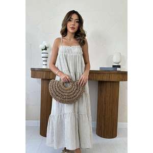 Vestido Casual Diario de Muselina Marrón a Rayas con Tirantes Finos, Cintura Elástica y Volantes, Tejido Transpirable, Holgado y de Venta al por Mayor - Product Image 1