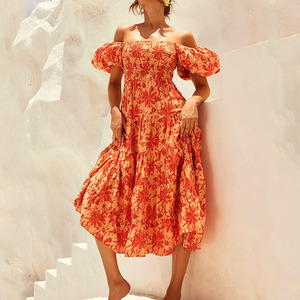 Новое повседневное платье макси из вискозы с гавайским принтом, оборками, пышными рукавами и многослойной юбкой без бретелек, на заказ - Product Image 1