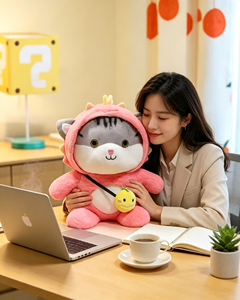 Peluche de <span class=keywords><strong>Gato</strong></span> Tabby con Capucha, <span class=keywords><strong>Gato</strong></span> <span class=keywords><strong>Gris</strong></span> Rayado con Bolso Bandolera de Limón, Muñeco de Peluche, Almohada para Dormir para Niños, Decoración para el Hogar <span class=keywords><strong>y</strong></span> Sofá - Product Image 3