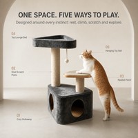 Arbre à chat minimaliste en peluche anthracite avec poteaux à gratter en sisal et grand lit de repos supérieur pour chats