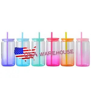 US Warehouse 16oz Blank Sublimation Ombre Jelly Glass Can With PP Plastic Lid And Straw Clear Ombre Colored High Borosilicate