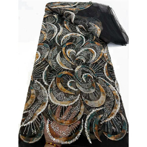 Tissu de dentelle africaine perlée Luxe écologique Motif floral Mariages Textiles de maison Filet nigérian Accessoires de mariée brodés - Product Image 2