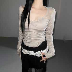 Camisetas básicas informales de otoño para mujer, con cuello redondo, manga larga, con volantes y ribete de encaje. - Product Image 3