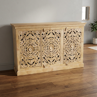 Buffet à 3 portes en bois de manguier massif, éco-responsable, fabriqué à la main, avec des sculptures complexes, armoire de rangement moderne en provenance du Rajasthan