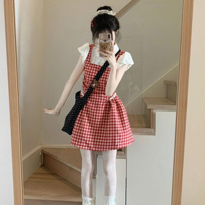 French Preppy Style Red Plaid <b>Dress</b> For Women <b>Elastic</b> Waist Peter Pan Collar Short Skirt Breathable Daily Casual Wear - Product Image 3