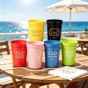 Gobelet en plastique PS jetable de 16 oz, réutilisable, personnalisable en couleur et en forme, pour ensemble de bière personnalisé, gobelet de fête avec serviette, toast, Noël - Product Image 1